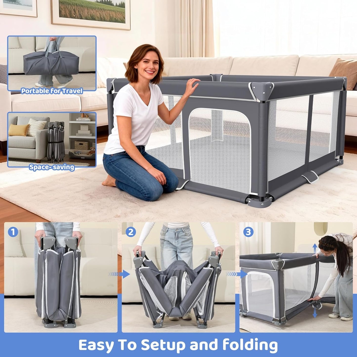 Grobeybees Playpen for Babies and Toddlers, Large Baby Playpen, Playard with Bag, Indoor & Outdoor Play Pen, Sturdy Safety Baby Play Yard with Soft Breathable Mesh (Grey)
