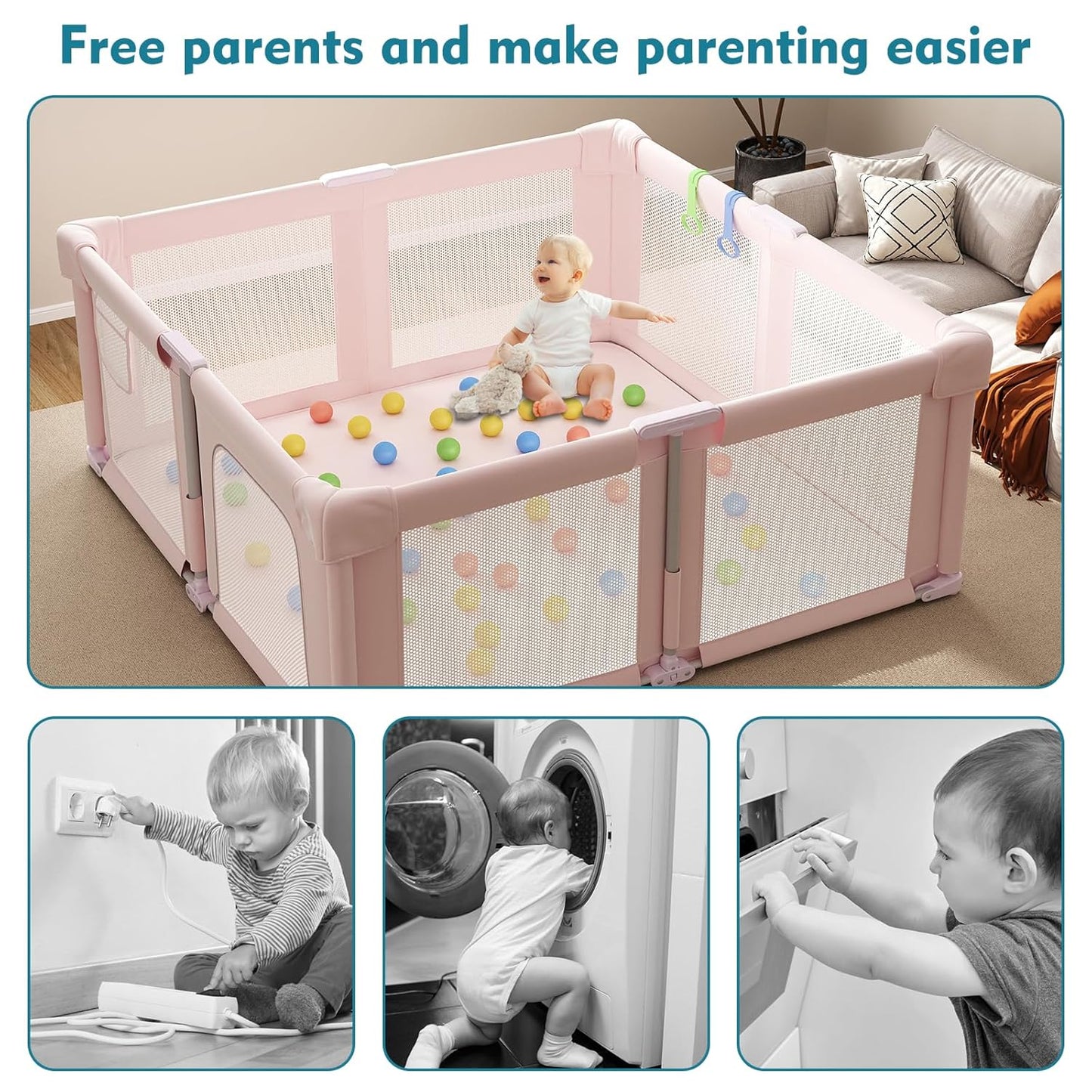 Foldable Playpen for Babies and Toddlers, 51" Portable Play Pen with Mat and Ocean Balls, Play Yard with with Visible Mesh for Inddor and Outdoor, No Assembly Required, Dark Gray