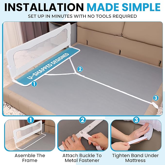 TotCraft FlexGuard Adjustable Length & Height Bed Rail for Toddlers – Fits Twin, Full, Queen & King Beds – 35.5″ or 59″ Two Fixed Lengths – 14 Height Levels –Bed Guard Rail for Toddlers (White)