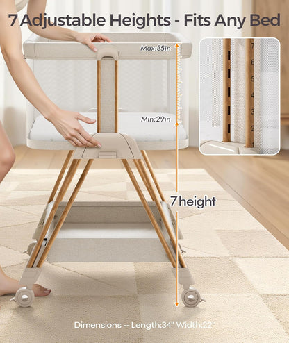 Fodoss Baby Bassinets Bedside Sleeper - 3-in-1 Baby Bassinet with Wheels, Soft Mattress, Storage Tray, Full-Mesh Sides, 7-Height Adjustable Crib for Newborns