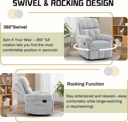 Korser Recliner Chair, Swivel Rocker Recliner Chair for Adults, Small Recliners for Small Spaces, Upholstered Manual Recliner with Side Pockets, Nursery Rocking Chair for Living Room, Chenille, Beige
