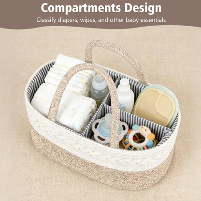 Diaper Caddy Organizer, Cotton Rope Baby Basket for Nursery and Changing Table, Portable Diaper Caddy with Removable Divider for Newborn Parents, Home and Car Travel, White and Brown
