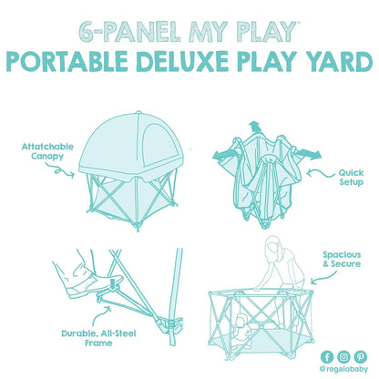 Regalo Safety My Play Deluxe Baby Playpen & Portable Play Yard with Canopy, Foldable 6-Panel Indoor Outdoor Playpen for Babies & Toddlers, Mesh Sides, Washable Nylon Bottom, 48", Aqua/Black