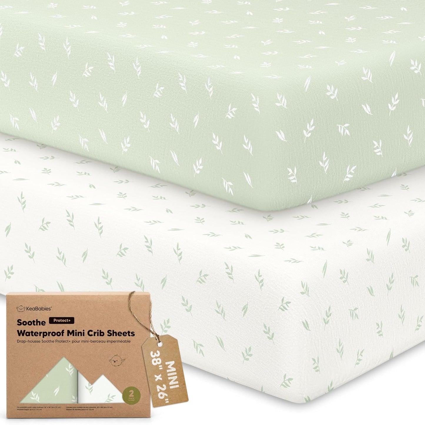 2 Pack and Play Sheets, Waterproof Mini Crib Sheets Fitted - 38x26 Organic Cotton Pack N Play Sheets for Graco Pack and Play Mattress, Playard Baby Crib Sheets,Neutral for Boy,Girl,Toddler(KeaSafari)