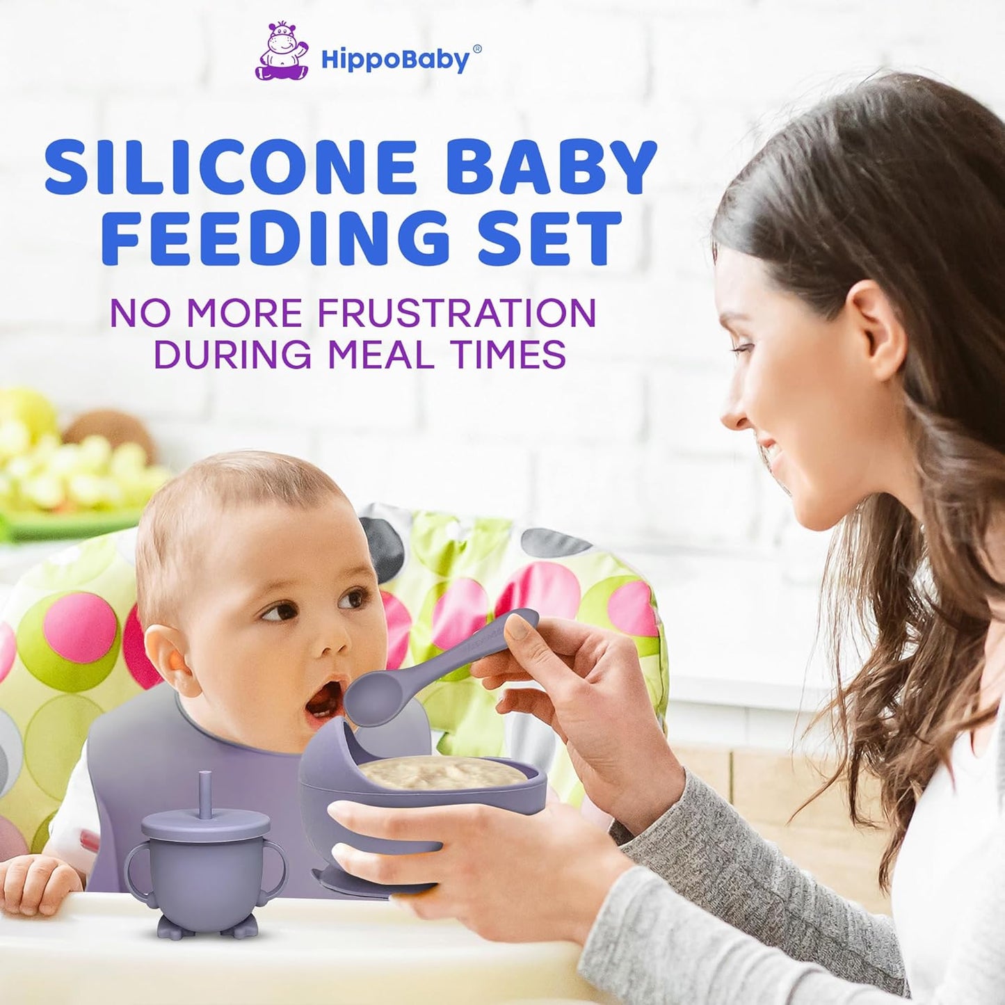 HippoBaby Baby Led Weaning Supplies | 10 Piece Silicone Baby Feeding Set | Baby Toddler Bib Cup Divided Plate and Bowl Self Feeding Spoons Dish Set | Baby Utensils | Toddler Feeding Supplies (Sky)