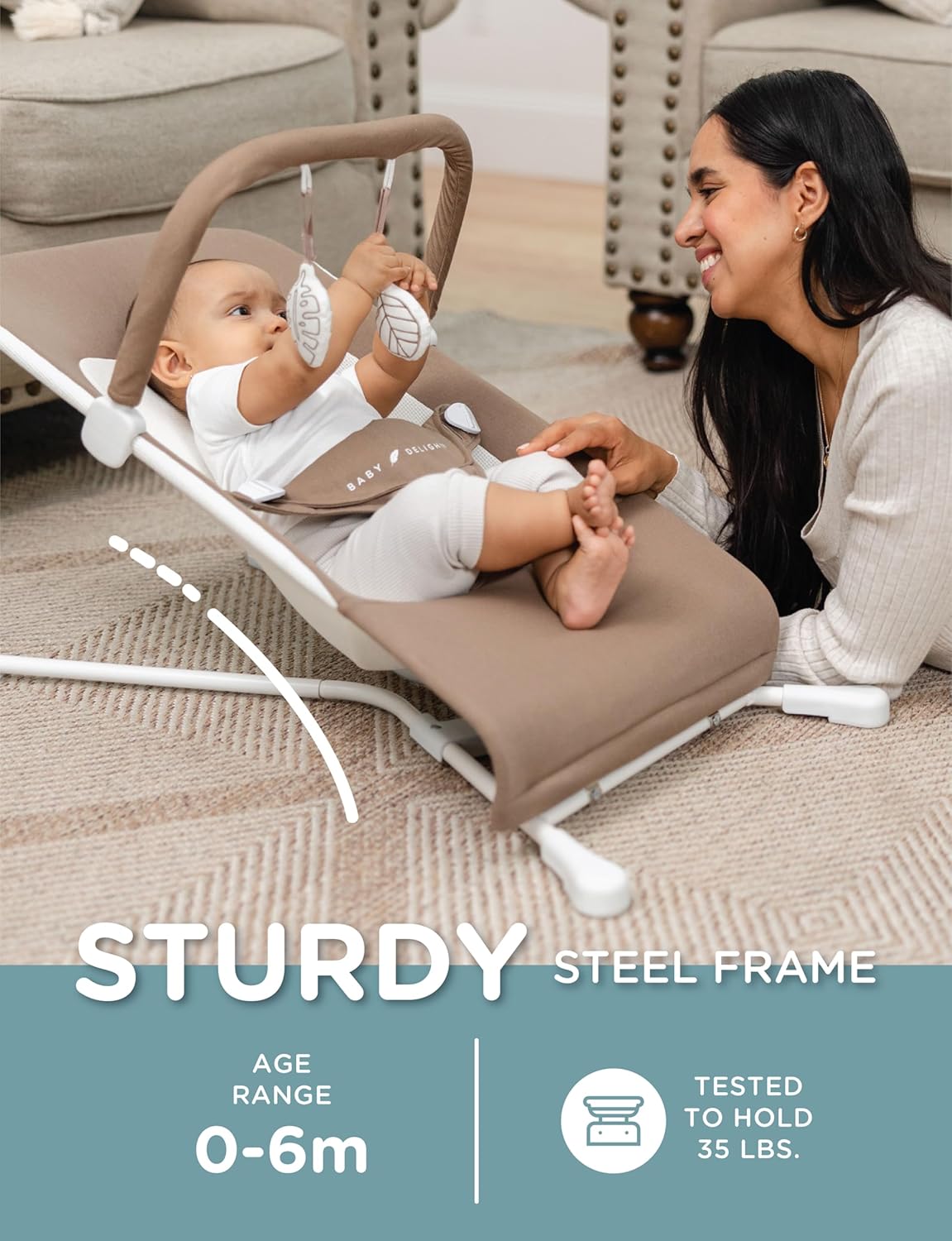 Baby Delight Highland Baby Bouncer | Infant | 0 – 6 Months | 3-Position Recline | Sage Tweed