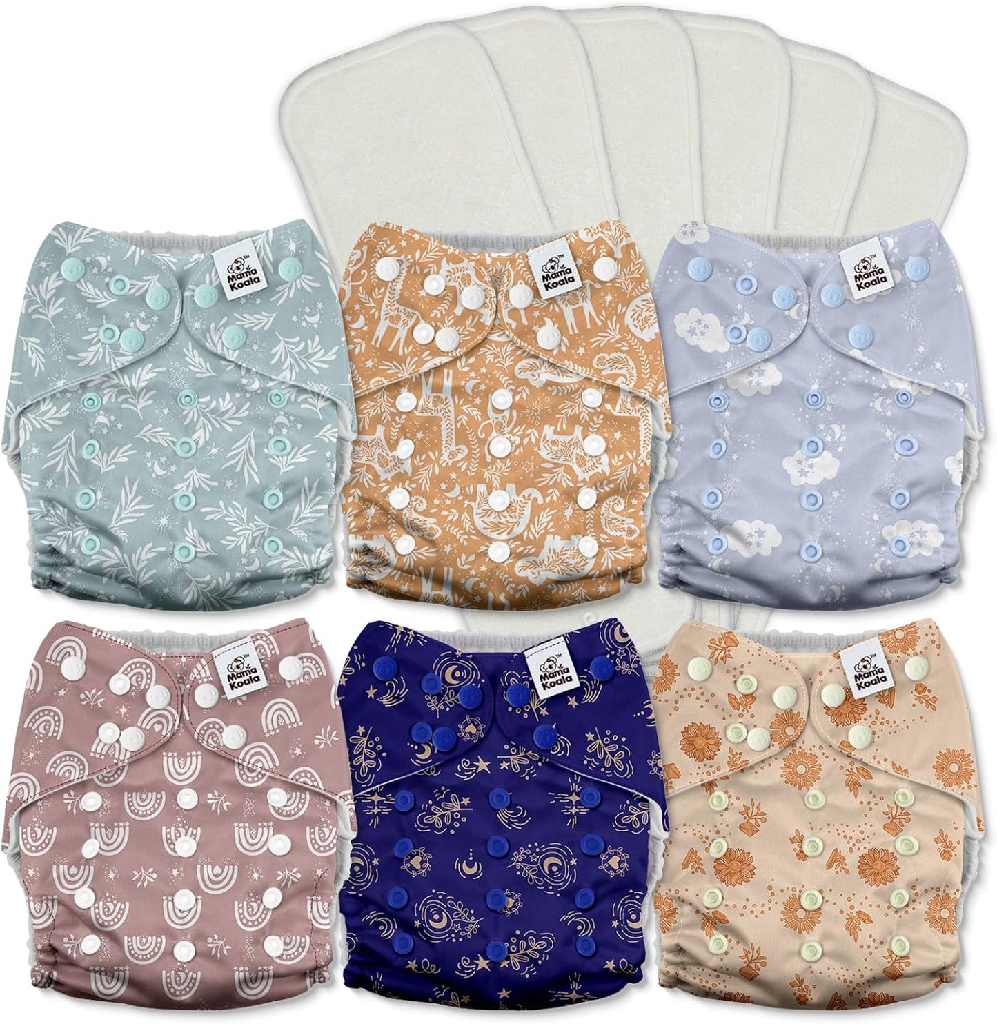 Mama Koala 3.0 Pocket Cloth Diapers for Babies with AWJ Lining, 6 Pack with 6 4-Layer Natural Cloth Diaper Inserts - Reusable and Washable Pocket Diapers(Hardworking Bees) - Colors A