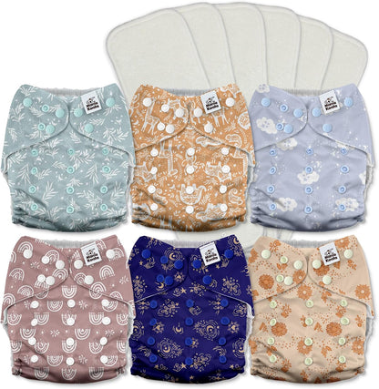 Mama Koala 3.0 Pocket Cloth Diapers for Babies with AWJ Lining, 6 Pack with 6 4-Layer Natural Cloth Diaper Inserts - Reusable and Washable Pocket Diapers(Hardworking Bees) - Colors A