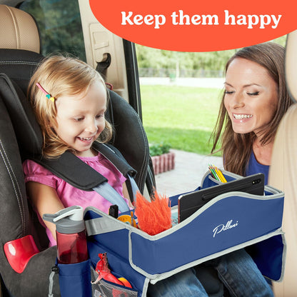 PILLANI Kids Travel Tray for Car Seat - Carseat Tray w/ iPad Holder & Dry Erase Board, Road Trip Activities - Toddler Lap Desk Organizer for Airplane - Roadtrip & Travel Essentials - Pack of 2, Pink