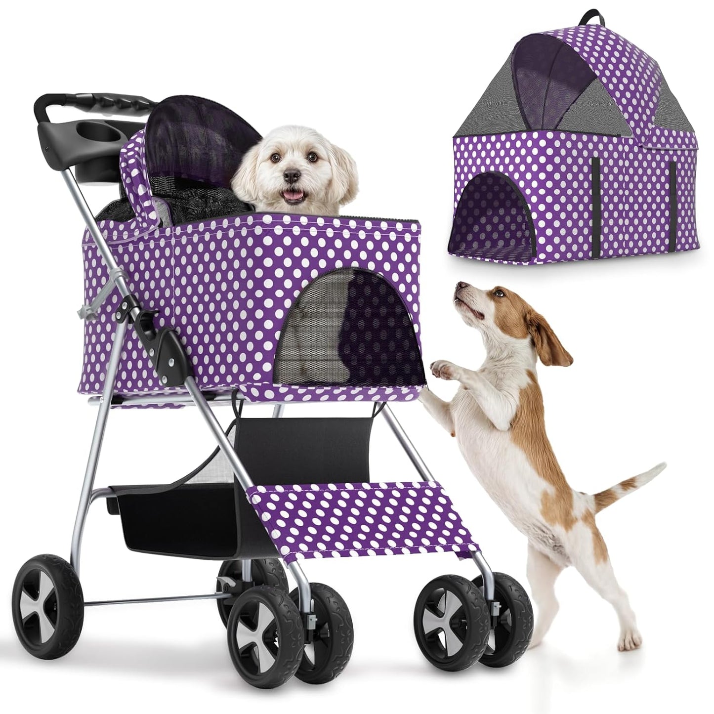 Magshion Compact Pet Stroller for Small-Medium Dogs/Cats up to 22lbs, 4-Wheel Lightweight Umbrella Shaped Portable Puppy Travel Jogger with Breathable Mesh, Cup Holder & Rear Storage, Black