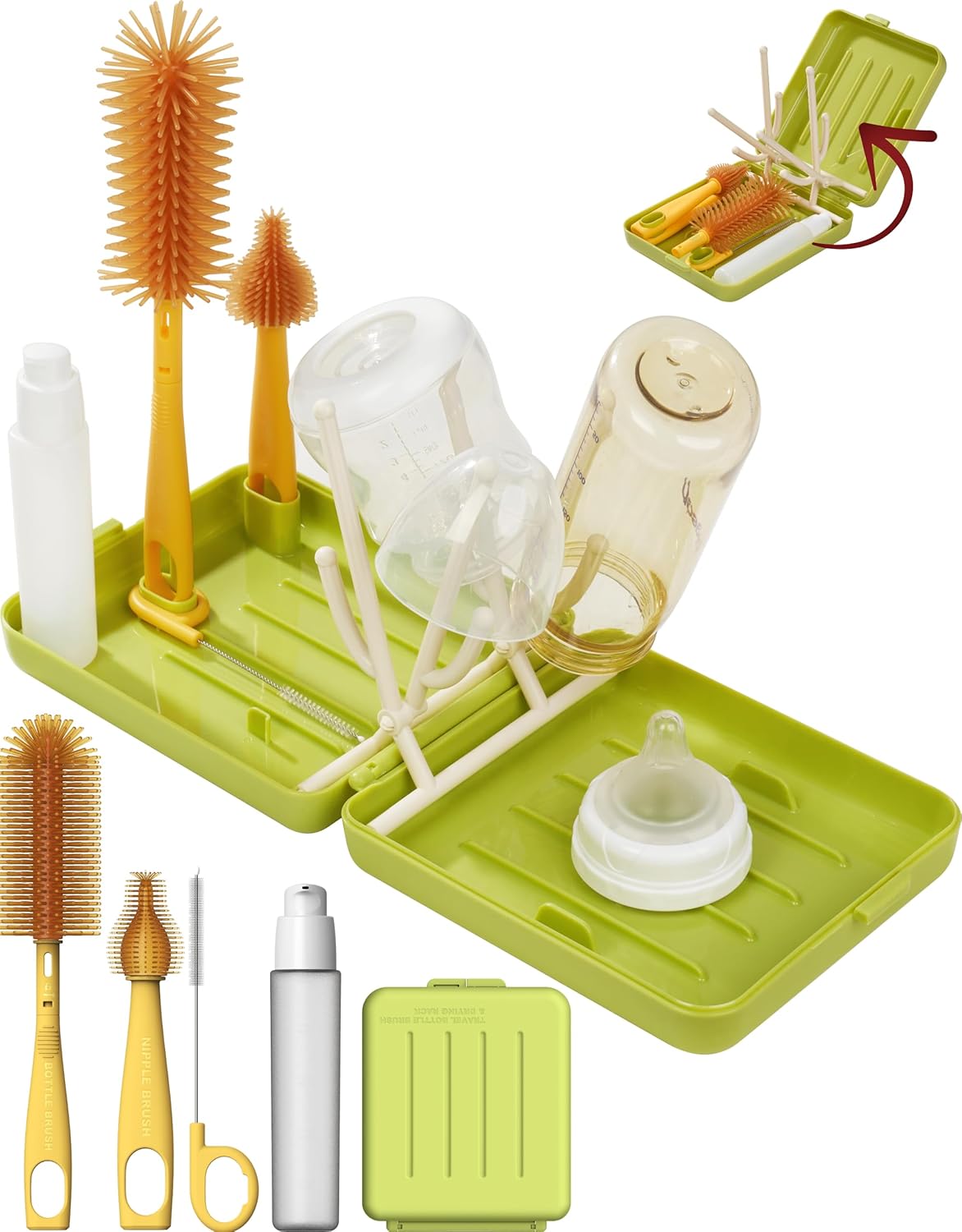 Travel Bottle Cleaner kit, 7in1 Baby Travel Gear Essential Silicone Travel Bottle Brush Set Nipple Drying Rack, Straw Breast Pump Cleaning Soap Dispenser Organizer Case Mon Gift (Pink)