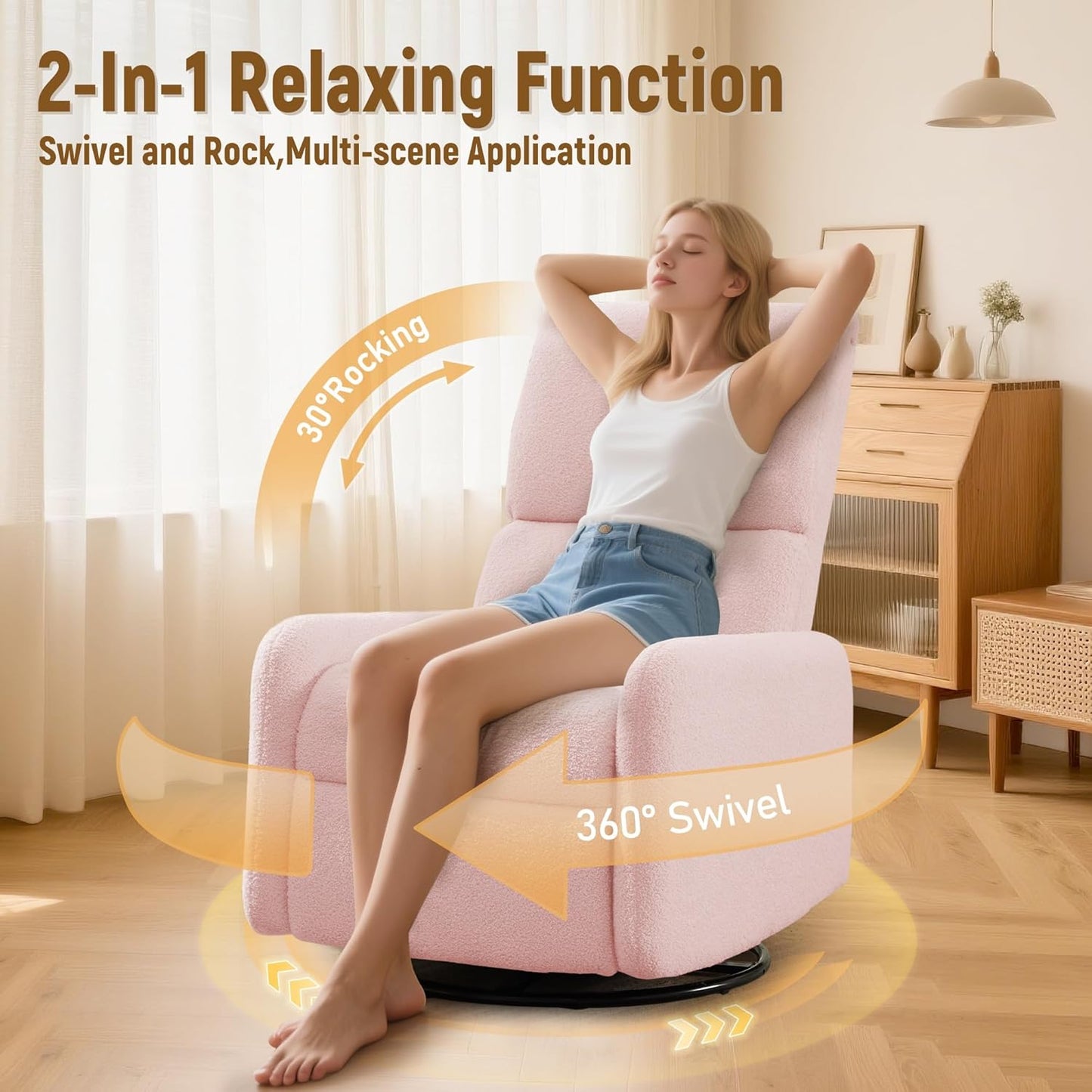 Korser 360° Rocking Chair, Nursery Rocker Chair with Side Pockets, Glider Nursing Chair with Steel Structure Base, Small Chair for Small Spaces, Sherpa Swivel Accent Chairs for Living Room, Nursing
