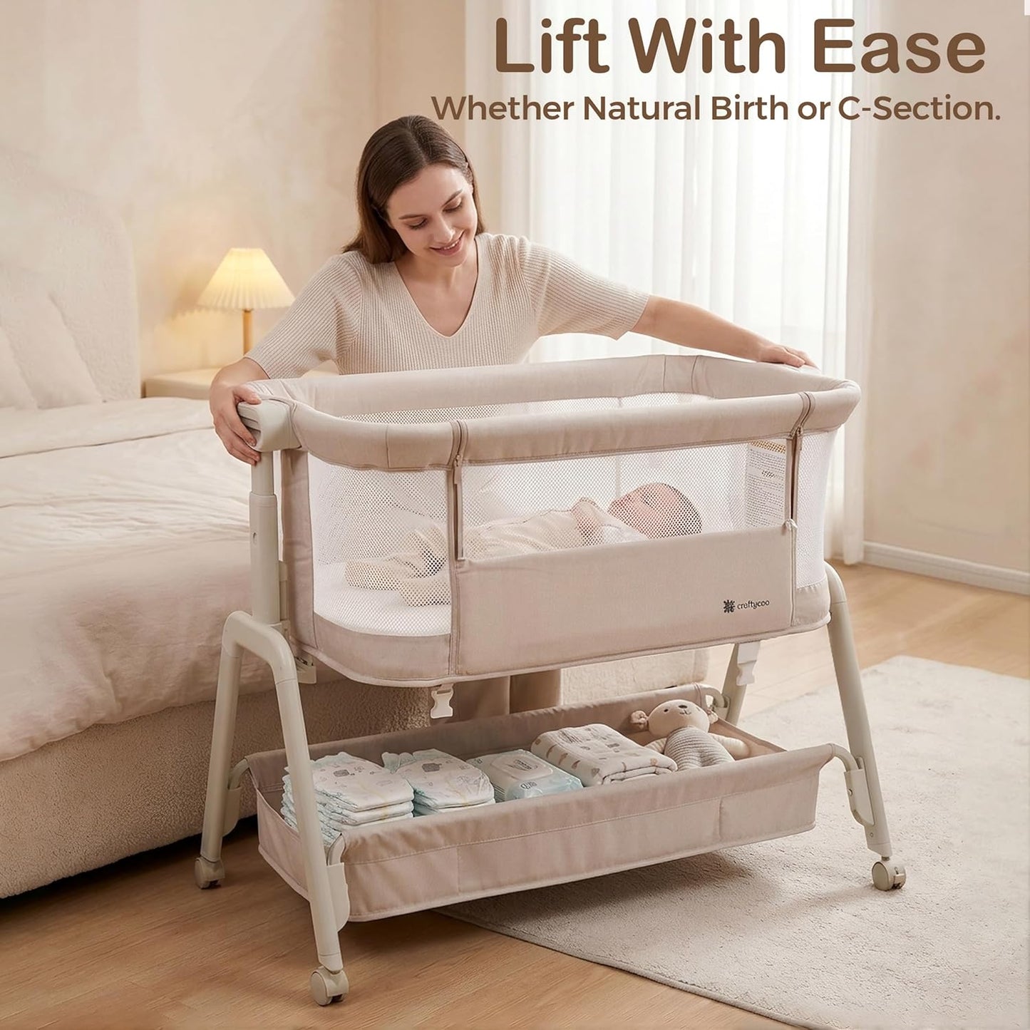 Bedside Bassinet for Baby – Adjustable Height Bedside Sleeper with Full Mesh Sides | 2 Breathable Sheets & Storage Basket | Portable Baby Bassinet for Newborns with Wheels & Bed Attachment