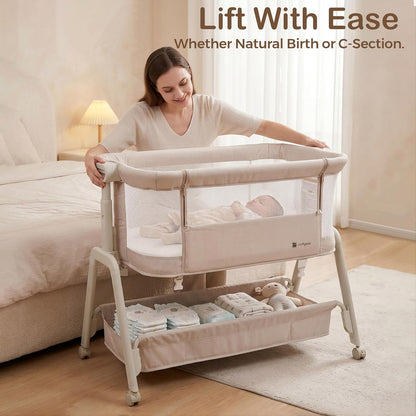 Bedside Bassinet for Baby – Adjustable Height Bedside Sleeper with Full Mesh Sides | 2 Breathable Sheets & Storage Basket | Portable Baby Bassinet for Newborns with Wheels & Bed Attachment