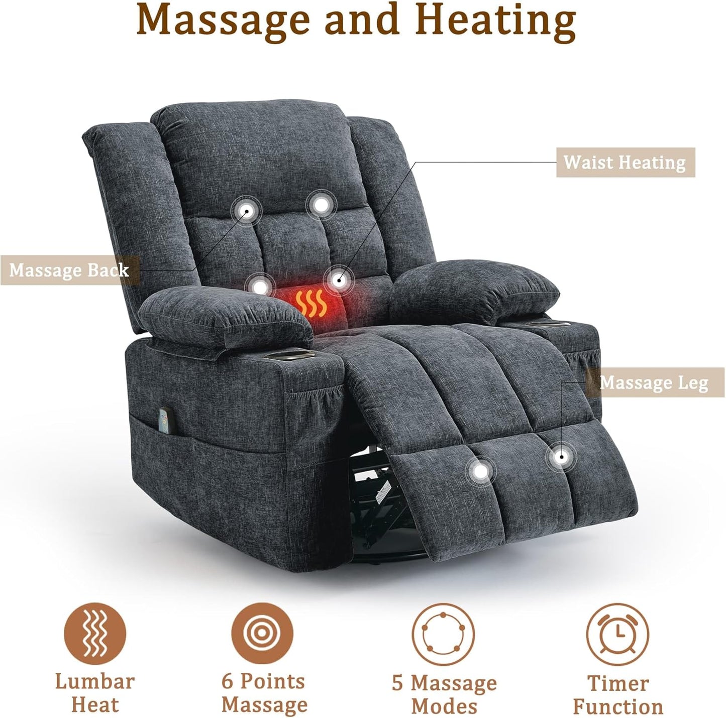 Korser 360° Swivel Rocker Recliner for Adults, Nursery Glider Recliner with Massage and Heating, Rocking Chair with Cup Holder, Manual Recliner Chair for Living Room, Bedroom (Fabric, Beige)