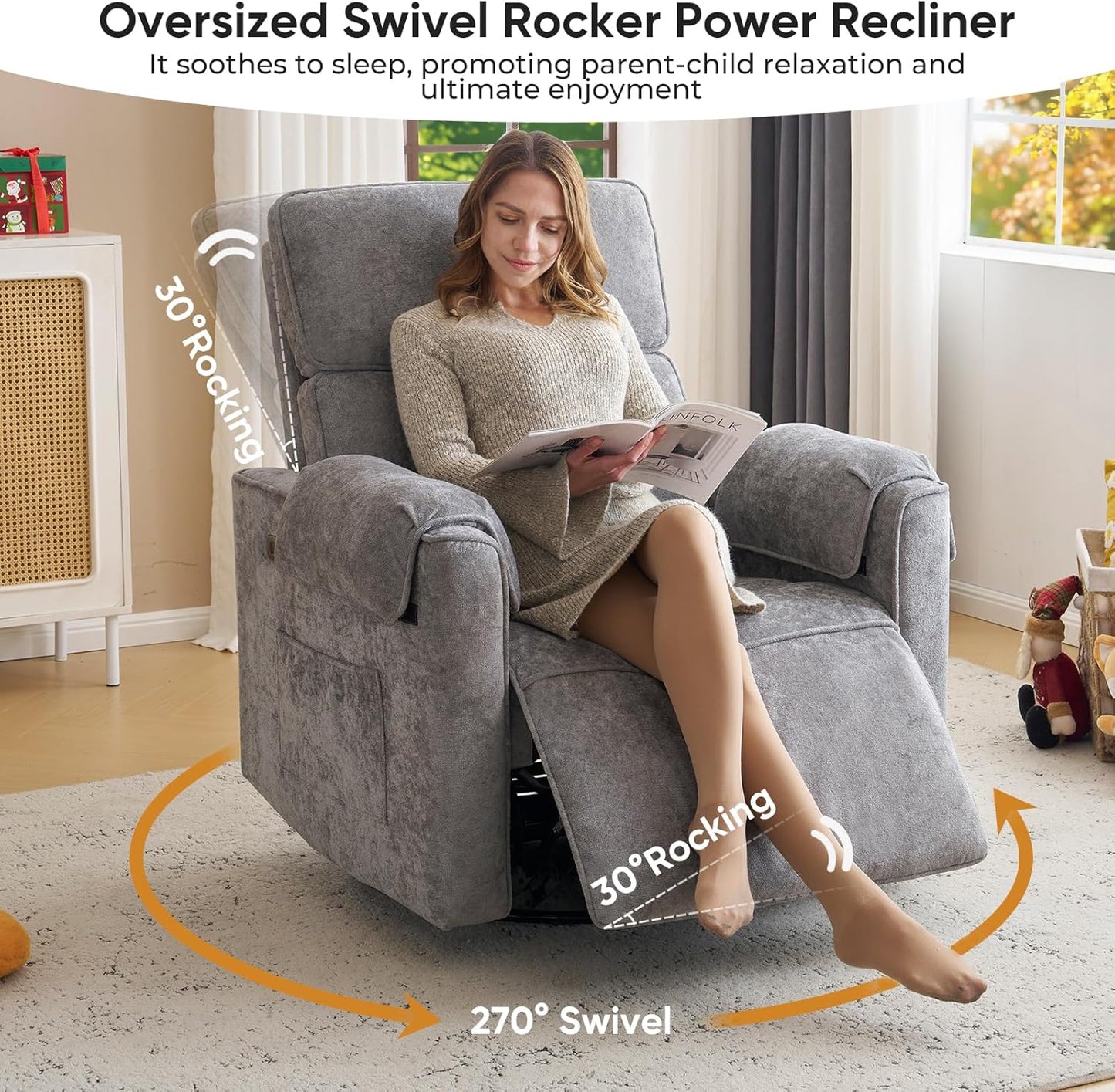 Oversized Power Rocker Recliner Chair, 26" Extra Wide Swivel Recliner with Adjustable Headrest, Chenille Glider Rocking Nursery Chair with Overstuffed Armrest, USB Ports, Cream