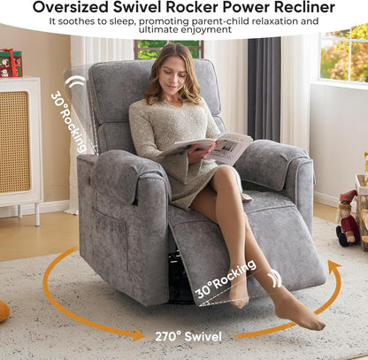 Oversized Power Rocker Recliner Chair, 26" Extra Wide Swivel Recliner with Adjustable Headrest, Chenille Glider Rocking Nursery Chair with Overstuffed Armrest, USB Ports, Cream