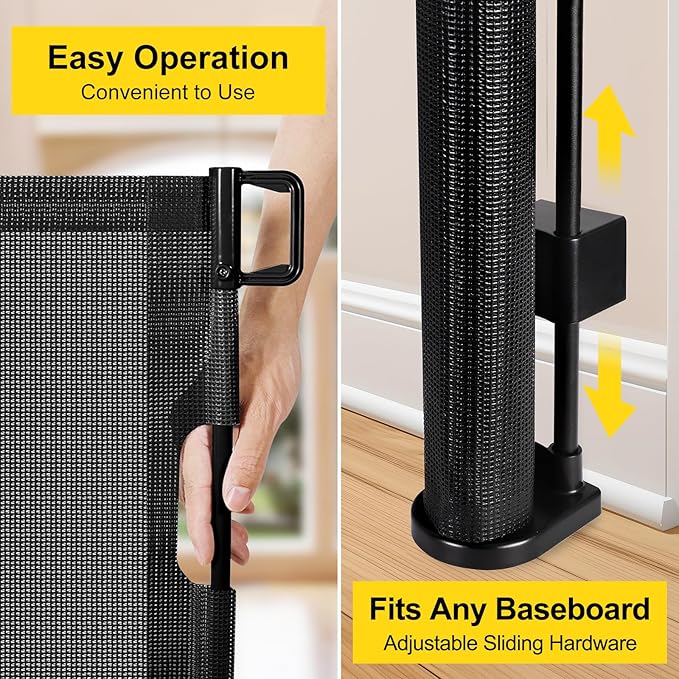 Reinforced 42” Tall x 100” Extra Wide Retractable Baby Gates for Doorways Extra Tall Pet Gate with Rods to Prevent Crawling Through, Dog Gate for Large Openings Extra Long Mesh Gate, Black