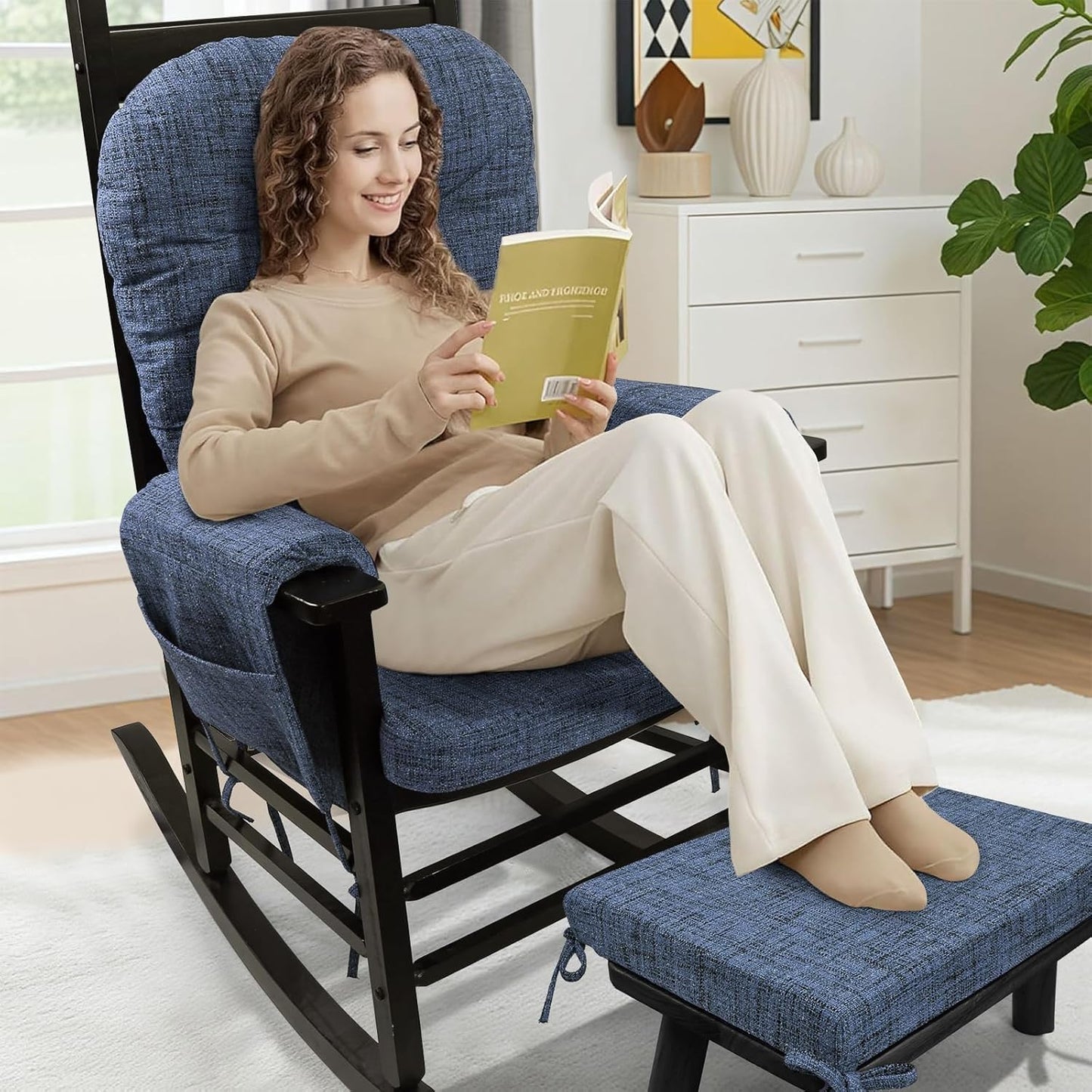 SINOSSO Glider Rocker Cushion Set (5 Pcs), Soft Blended Fabric High-Density Support Foam Seat Cushions with Ties, Fits Rocking Chair/Nursery Glider & Ottoman, Black-Gray