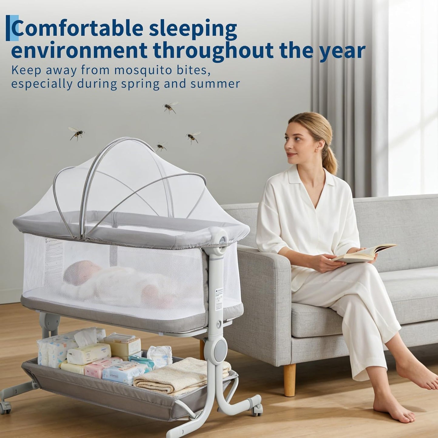 Baby Bassinet, 3-in-1 Portable Bedside Sleeper for Newborn All Mesh Sides Breathable with 6 Height Adjustments, 1-7° Anti-Reflux Incline, Detachable Mosquito Net, Storage Basket & 360° Lockable Wheels