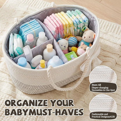 Zopeal Mother‘s Day Diaper Caddy Organizer Large Cotton Rope Baby Basket with Removable Divider Portable Nursery Storage for Diapers & Wipes Changing Table Organizer for Newborn Baby Shower Supplies
