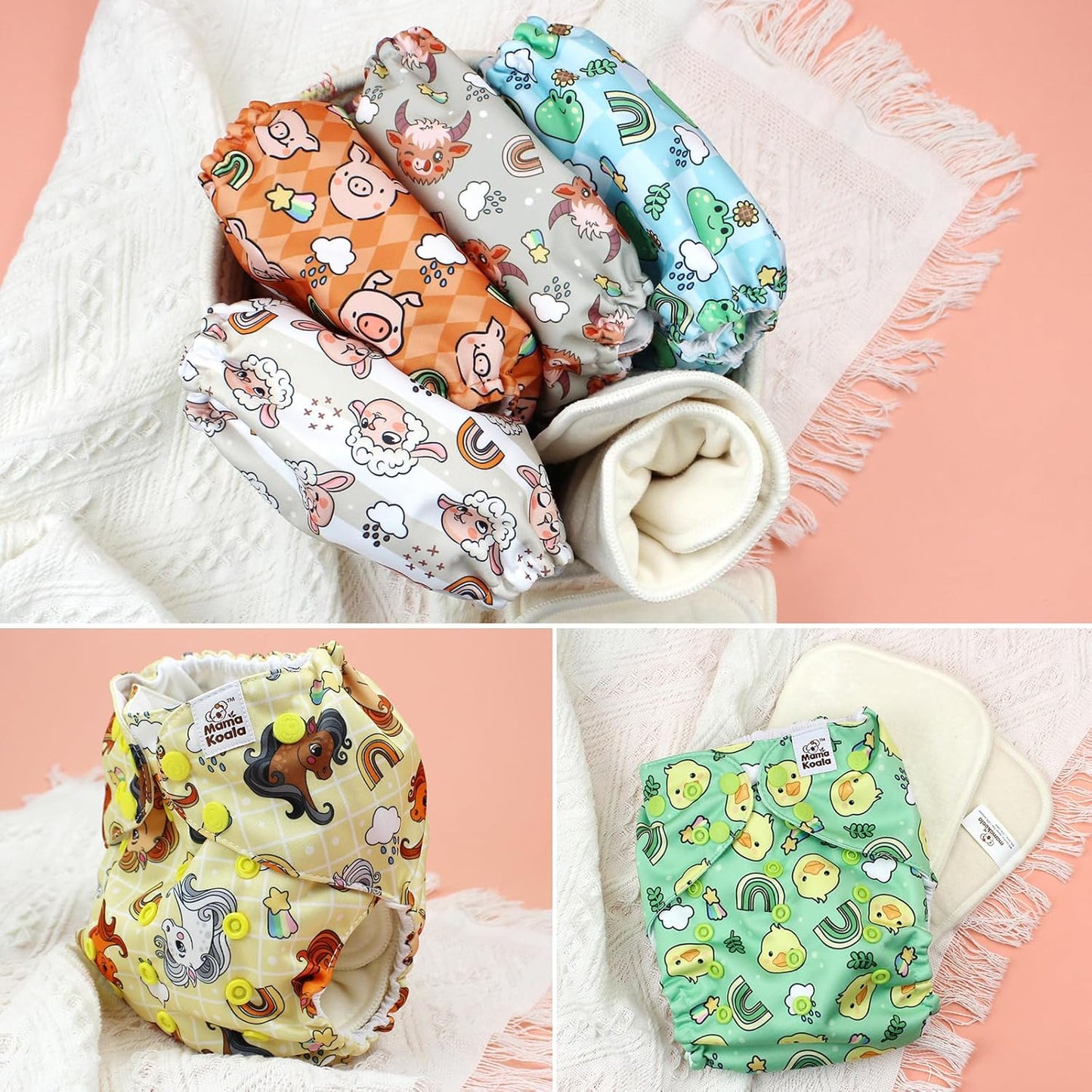 Mama Koala 3.0 Pocket Cloth Diapers for Babies with AWJ Lining, 6 Pack with 6 4-Layer Natural Cloth Diaper Inserts - Reusable and Washable Pocket Diapers(Hardworking Bees) - Colors B
