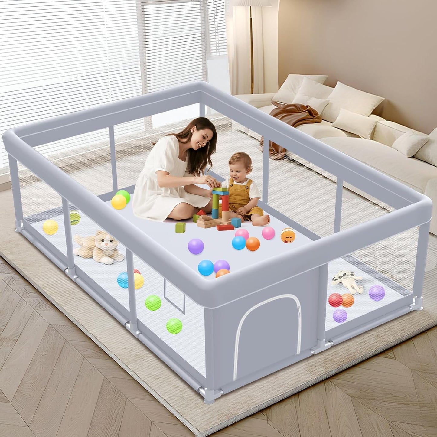 XVISHX Baby Playpen 50 x 50 Inch Play Pen Playards, Playpen for Babies and Toddlers, Baby Playard for Indoor & Outdoor Active Center Game Fence, with Skin-Friendly Fabric and Soft Breathable Mesh Grey