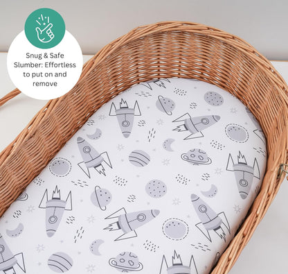 Bassinet Sheets for Papablic, CoZee, Cowiewie, Ezebaby, Nawahev Baby Bassinet Bedside Sleeper by TansyPanda, 3PC, 33x20, Ultra Soft, Breathable Snug Fit, Unisex Boys Girls, Gray White (Space Rockets)