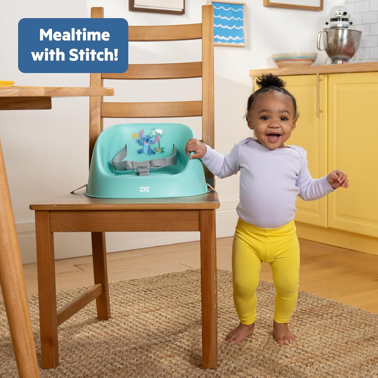 Bright Starts Disney Stitch My Spot Easy-Clean Baby Booster Feeding Chair, 3-Point Harness, Washable Removable Straps, Blue