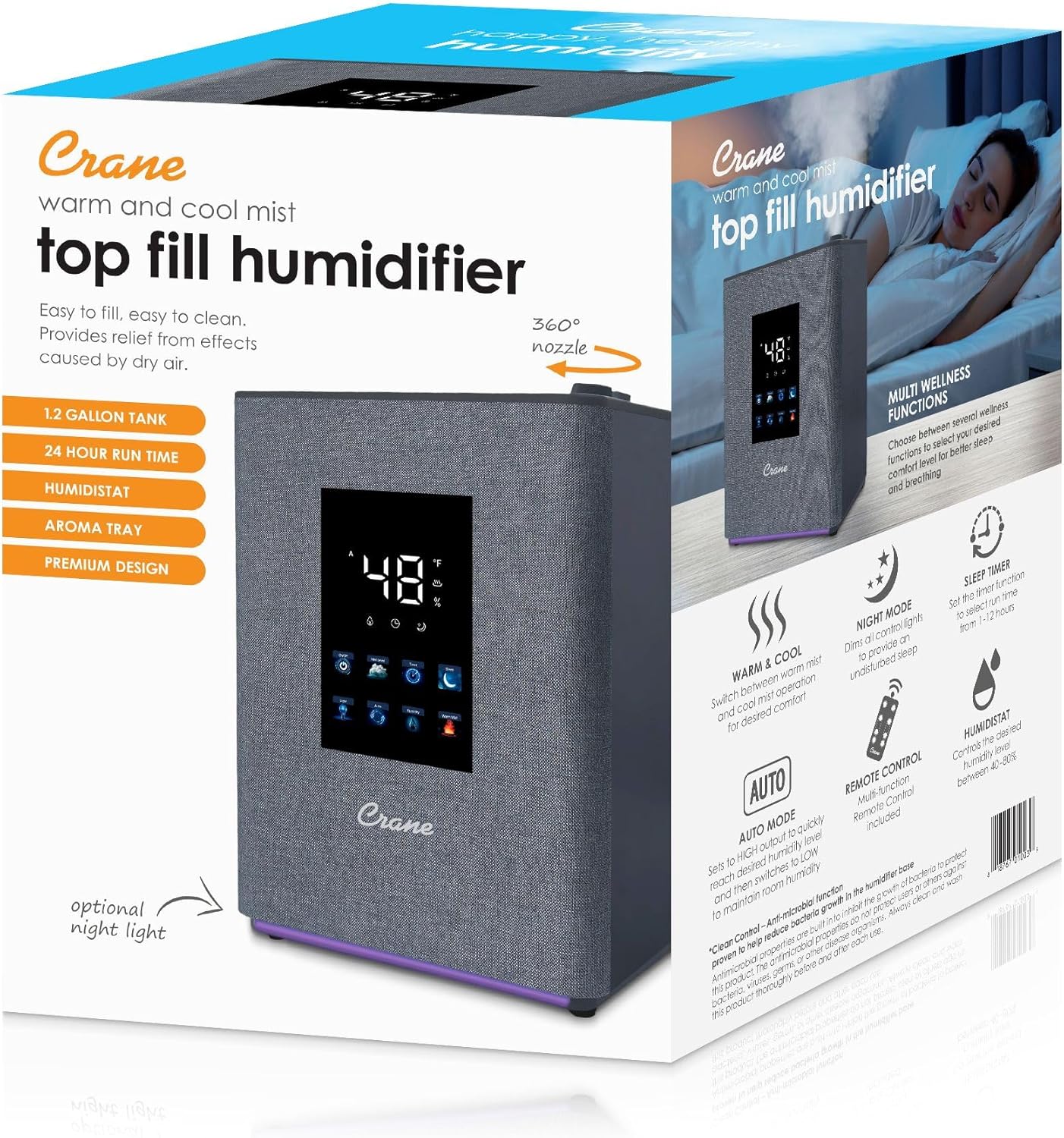 Crane 0.7 Gallon Top Fill Cool Mist Humidifier and Aroma Diffuser, with Color-Changing Night Light and Aroma Diffuser Function, Humidifier For Bedroom, Office or Nursery