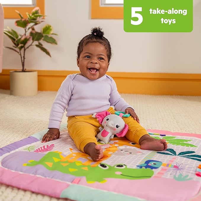 Bright Starts Wild Wiggles Sweet Safari Foldaway Baby Play Gym & Mat, Foldable with 5 Removable Toys, Machine-Washable Mat, for Ages 0-36 Months