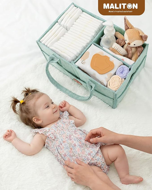 Maliton Baby Diaper Caddy, Nursery Storage Bin & Car Organizer with Handle, Large Felt Bag for Newborn essentials Boy or Girl, Changing Table Organizer for Baby Stuff, 15" x 9" x 7"Baby Shower Basket