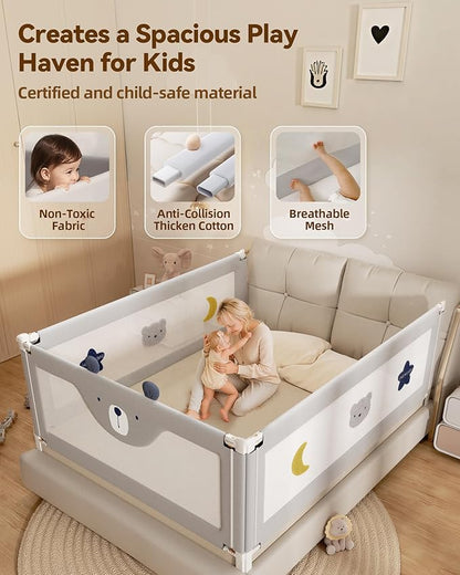 3 Piece Bed Rails for King Size Bed, No-Drill Needed Baby Bed Rail Guard for Toddlers with Height Adjustable, Thickened Child Safety Side Railing Guards/Bedrail for Kids, Grey Bear, 74.8x78.7x78.7in