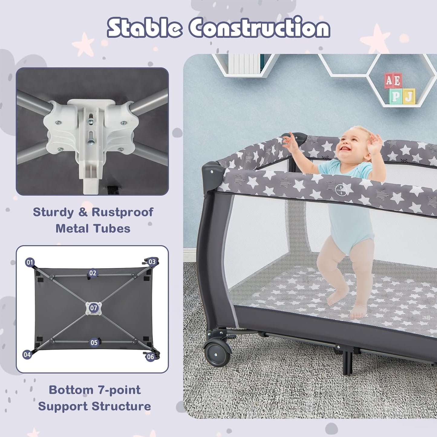 HONEY JOY Pack and Play with Bassinet, 4-in-1 Portable Baby Playard with Changing Table, Net & Cute Toys, Diaper Storage Bag, Music Box, Wheels with Brake, Foldable Newborn Play Yard w/Carry Bag