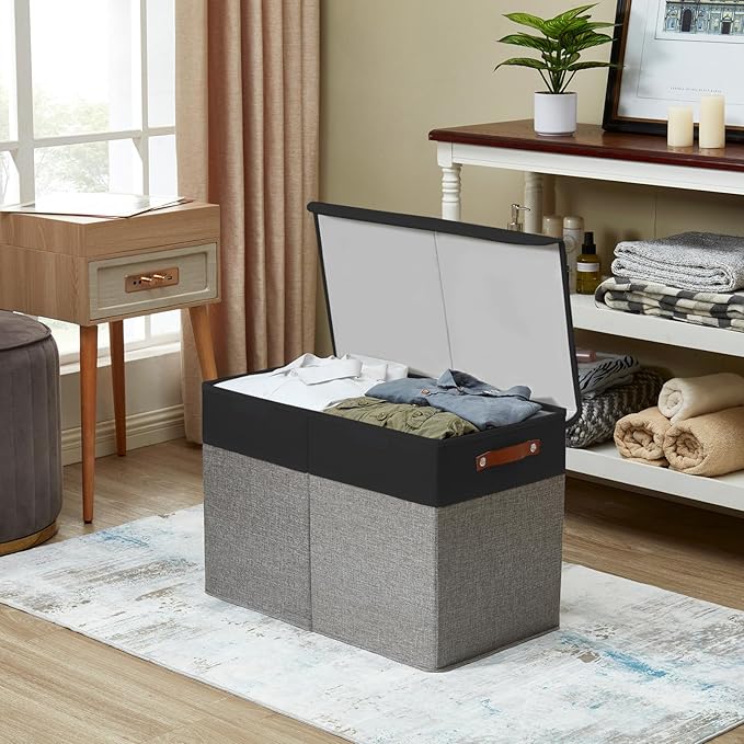 Bagnizer Large Toy Storage Box with Lids, Collapsible Sturdy Baby Storage Organizer Chest Bin Basket for Kids, Boys, Girls, Playroom, Nursery, Bedroom, Closet 25"x13"x16" (Gray and Black)