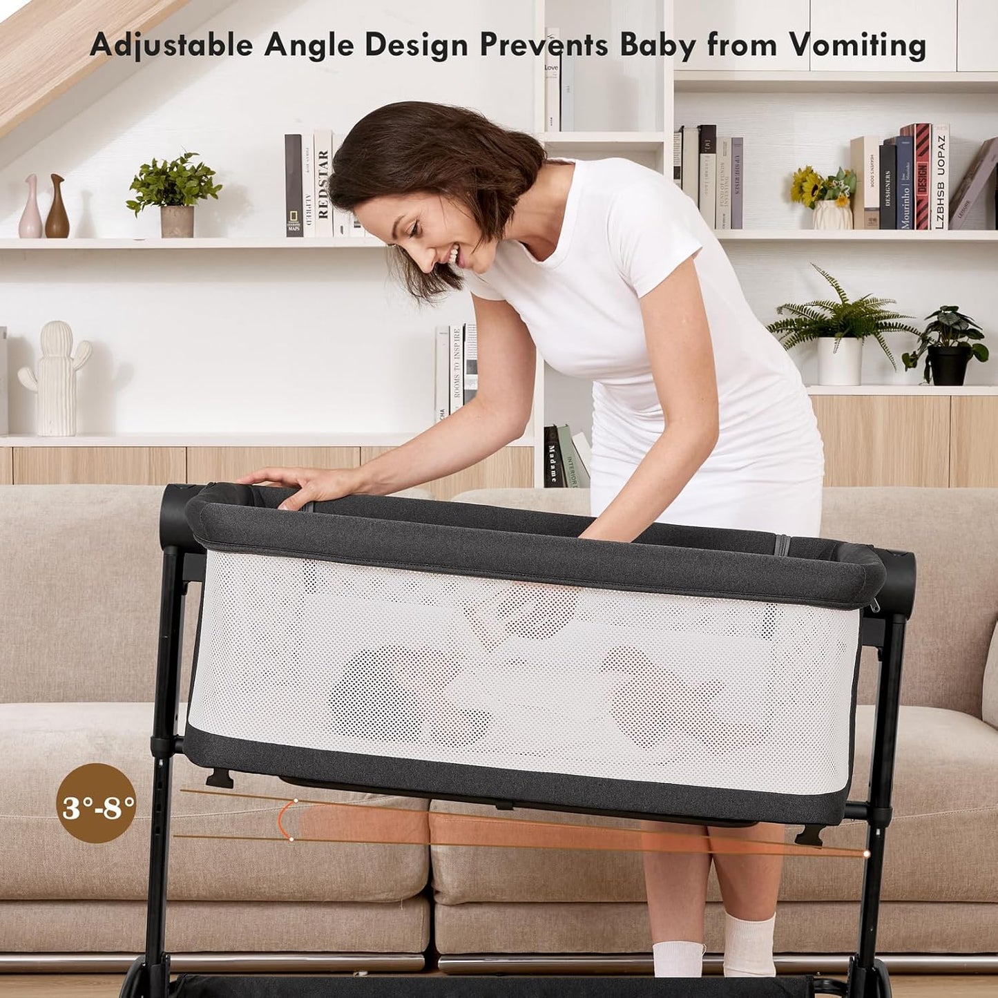 Bassinet Bedside Sleeper - All-Mesh Design, Portable Bedside Bassinet for Baby with Washable Mattress, 5 Adjustable Heights（Beige）