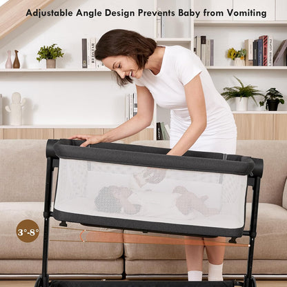 Bassinet Bedside Sleeper - All-Mesh Design, Portable Bedside Bassinet for Baby with Washable Mattress, 5 Adjustable Heights（Beige）
