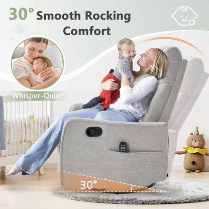 cinkehome Swivel Rocker Recliner, Glider Rocker Recliner Chair for Nursery, Manual Reclining Chair with Heated Massage, Small Spaces, Living Room, Khaki Chenille