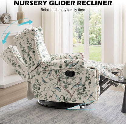 UIXE Swivel Glider Recliner Chair for Adults, High Back Nursery Rocker Floral Upholstered Armchair for Living Room, Manual Reclining Rivet Trim Sofa Lounge with Deep Seat in Fabric - Navy Blue