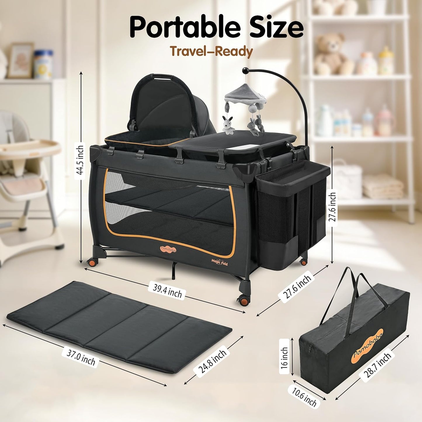 Pamo Babe 6 in 1 Baby Pack and Play with Bassinet - One-Step Setup Travel Crib, Small Portable Playpen for Babies, Portable Baby Bassinet, Changing Table, Toys Bar & Extra Large Storage Bag