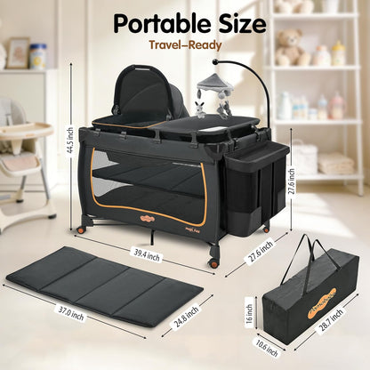 Pamo Babe 6 in 1 Baby Pack and Play with Bassinet - One-Step Setup Travel Crib, Small Portable Playpen for Babies, Portable Baby Bassinet, Changing Table, Toys Bar & Extra Large Storage Bag