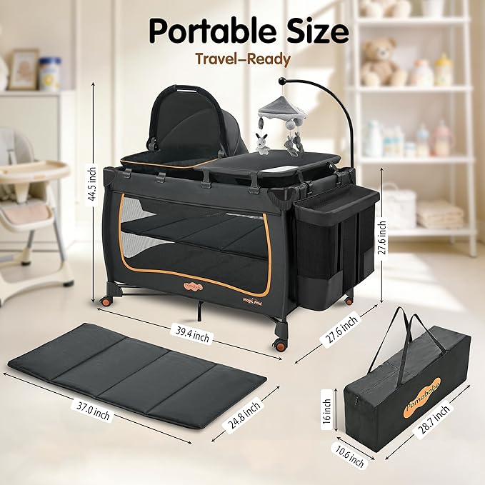 Pamo Babe 6 in 1 Baby Pack and Play with Bassinet - One-Step Setup Travel Crib, Small Portable Playpen for Babies, Portable Baby Bassinet, Changing Table, Toys Bar & Extra Large Storage Bag