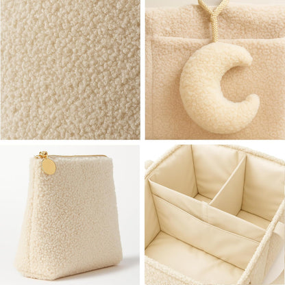 Orelle Bouclé Diaper Caddy Organizer with Matching Pouch & Moon Pendant | Teddy Portable Changing Table Organizer | Must-Have Baby Shower Gifts | Cream