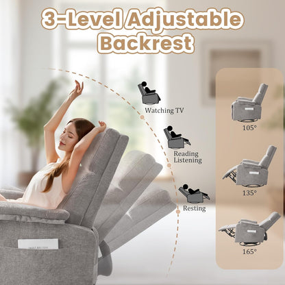 Korser Recliner Chair, Swivel Rocking Recliner Chair for Adults, Glider Rocking Chair, Small Nursery Chair Recliner for Living Room, Reclining Chair with Modern-Designed Armrests, Chenille, Beige
