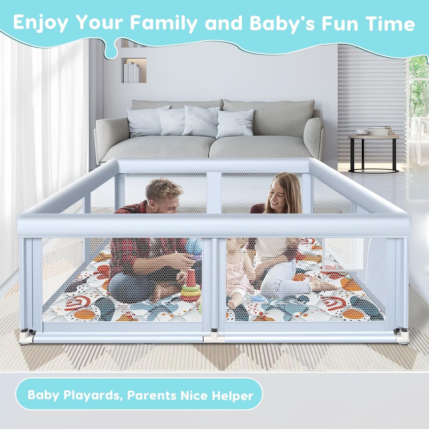 Fshibila 74" ×50" Large Baby Playpen, Baby Playard for Babies and Toddlers, Baby Fence Play Pens for Indoor & Outdoor, Sturdy Safety Play Yard with Soft Breathable Mesh, Anti-Fall, Grey