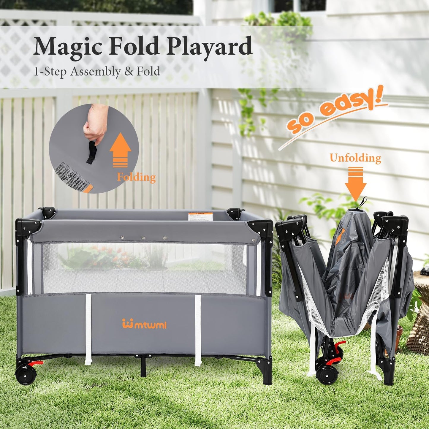MTWML Portable Baby Bassinet,3 in1 Bedside Crib and Baby Playard & Changing Table with Wheel,1-Second Setup Foldable Playpen with Travel Bag Mosquito Net for Newborn Toddler (DeepGrey)