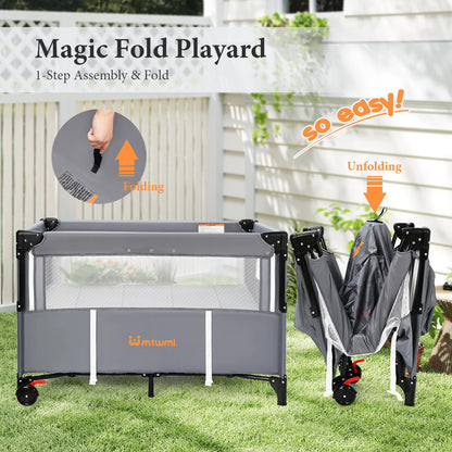 MTWML Portable Baby Bassinet,2 in1 Baby Playard and Bedside Crib with Wheel,1-Second Setup Foldable Playpen and Nursery Center with Travel Bag for Home or Travel Newborn to Toddler(Deep Grey)