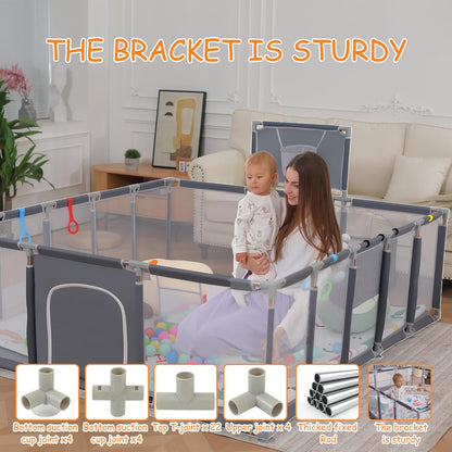 Baby playpen, 79"x71"Baby Playpen with Mat Indoor＆Outdoor Playpen for Babies and Toddlers with Breathable Play Pen with Ocean Balls Hanging Pocket Basketball Hoop (Gray)