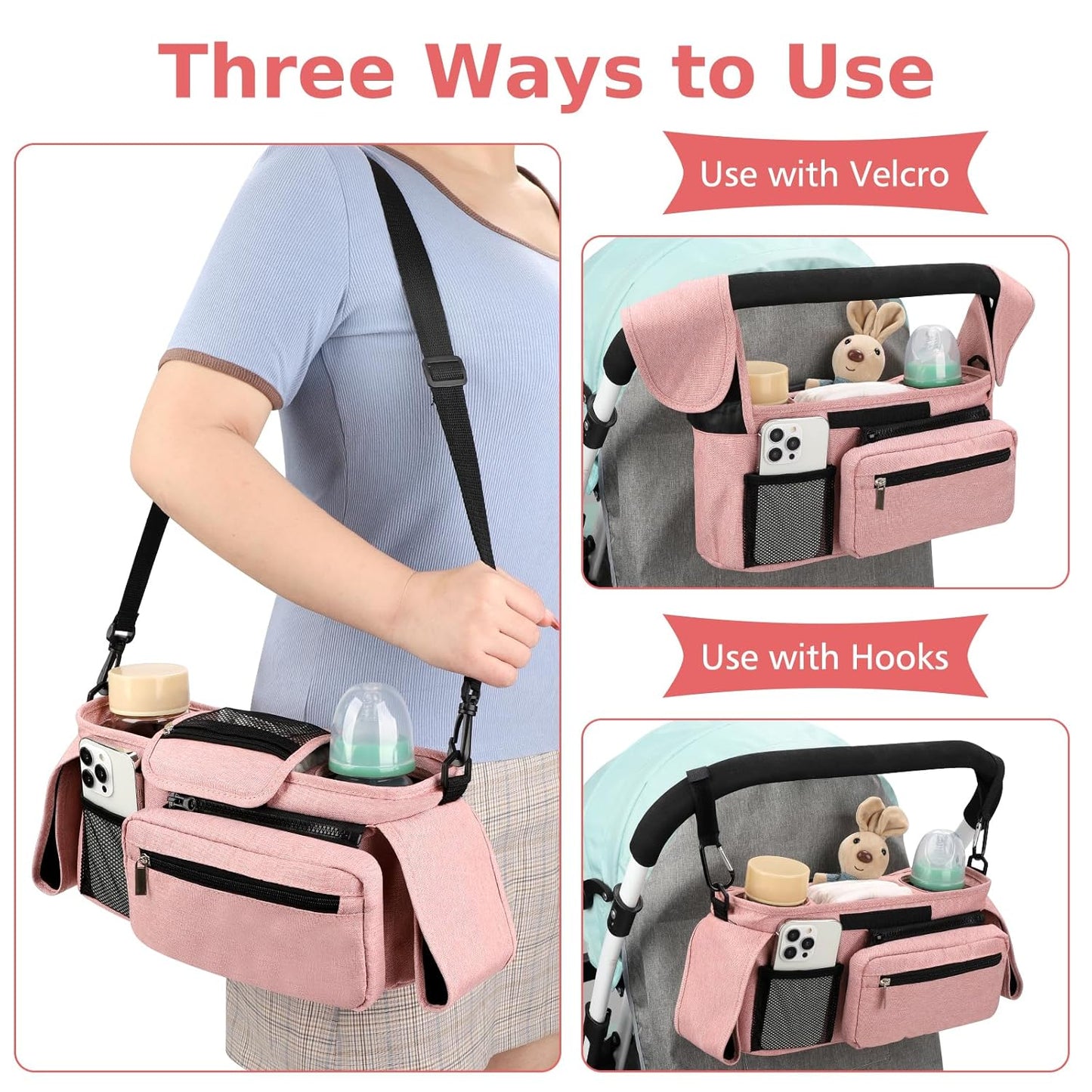 Accmor Universal Stroller Organizer with Insulated Cup Holder Detachable Phone Bag and Shoulder Strap,Stroller Bag Caddy Organizer Fits for Uppababy, Baby Jogger, Britax Strollers