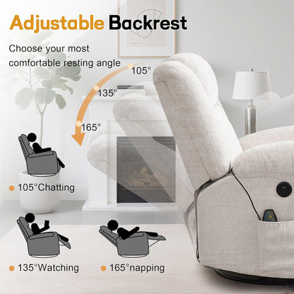 Korser Rocker Recliner, Glider Recliner Chairs for Adults, 360° Swivel Rocking Chair with Massage and Heating, Nursery Chair with Storage and USB Charging for Living Room, Bedroom, Nursery